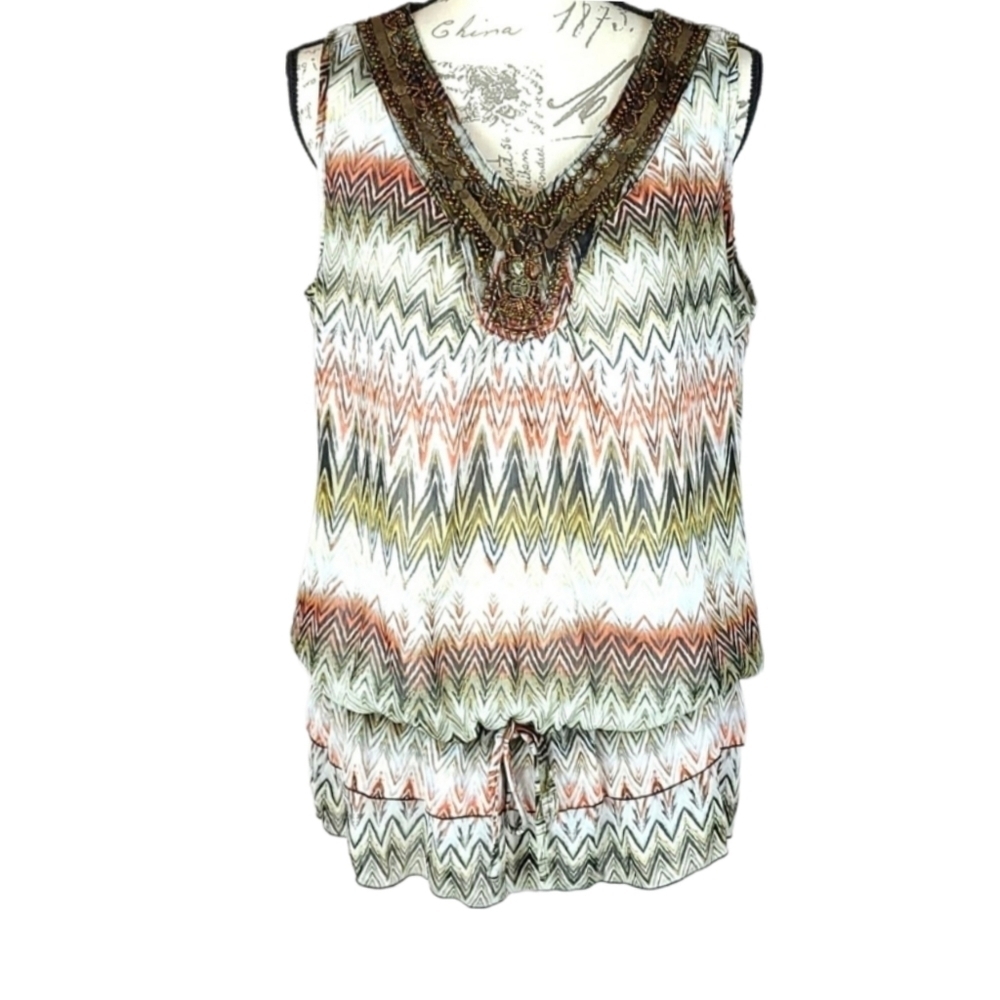 Vintage Beaded Blouse Top Retro Bohemian Bronze Cream Chevron Multi Womens L